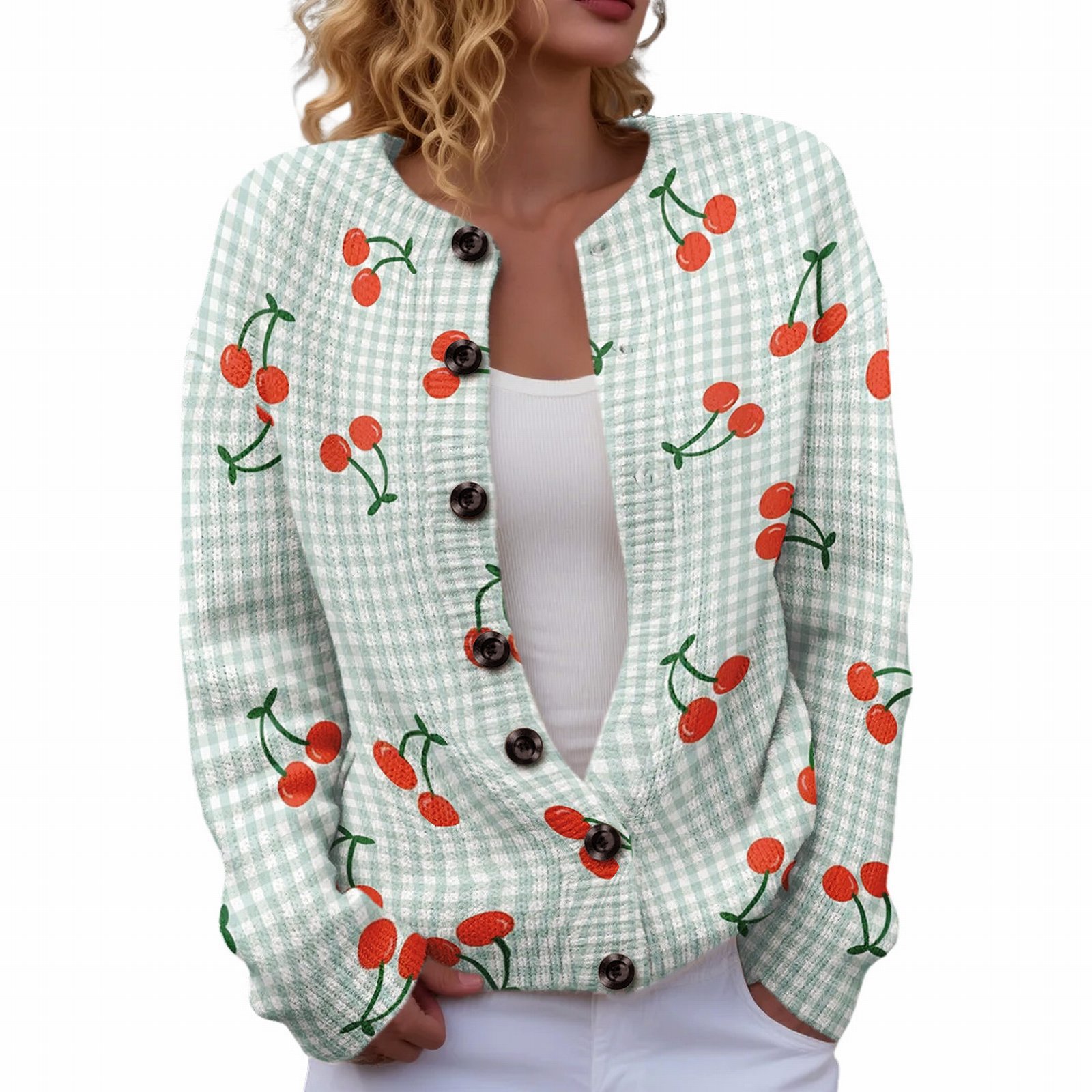 Women's Heart Ribbon Bow Cherry Print Cardigan