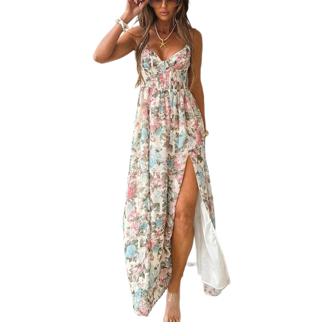 Vintage Floral V-Neck High-Slit Cami Maxi Dress