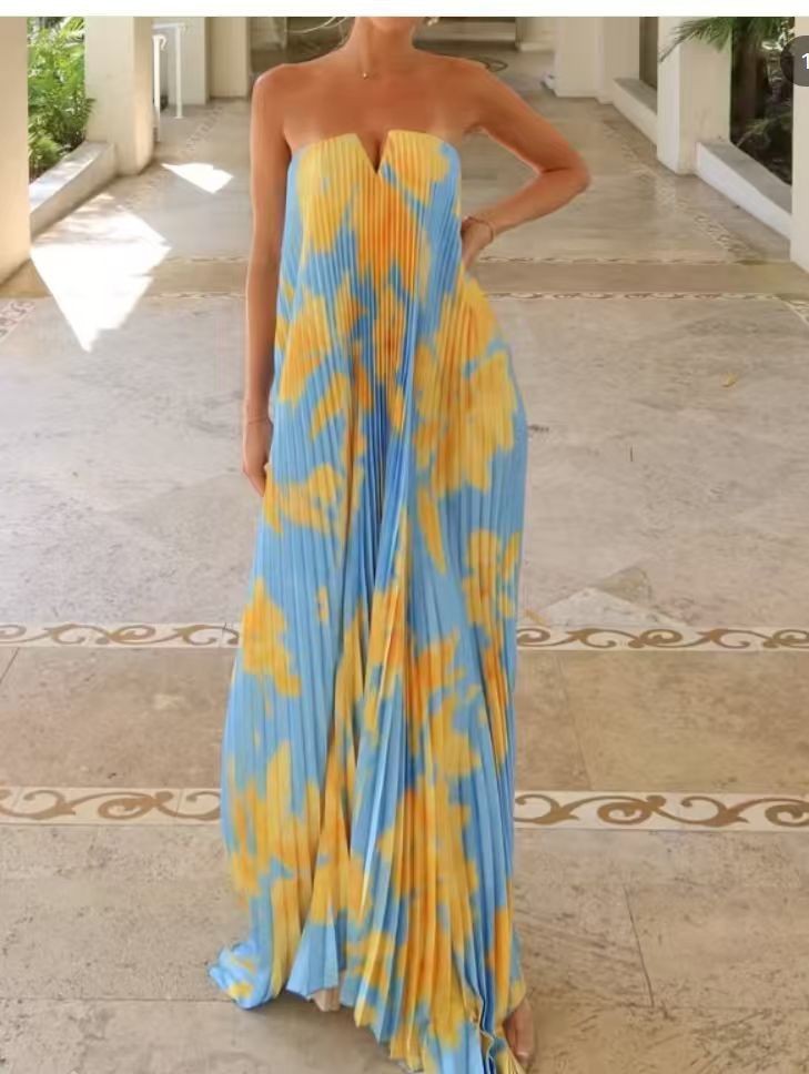 Pink Orange-Red Floral Strapless Pleated Maxi Dress