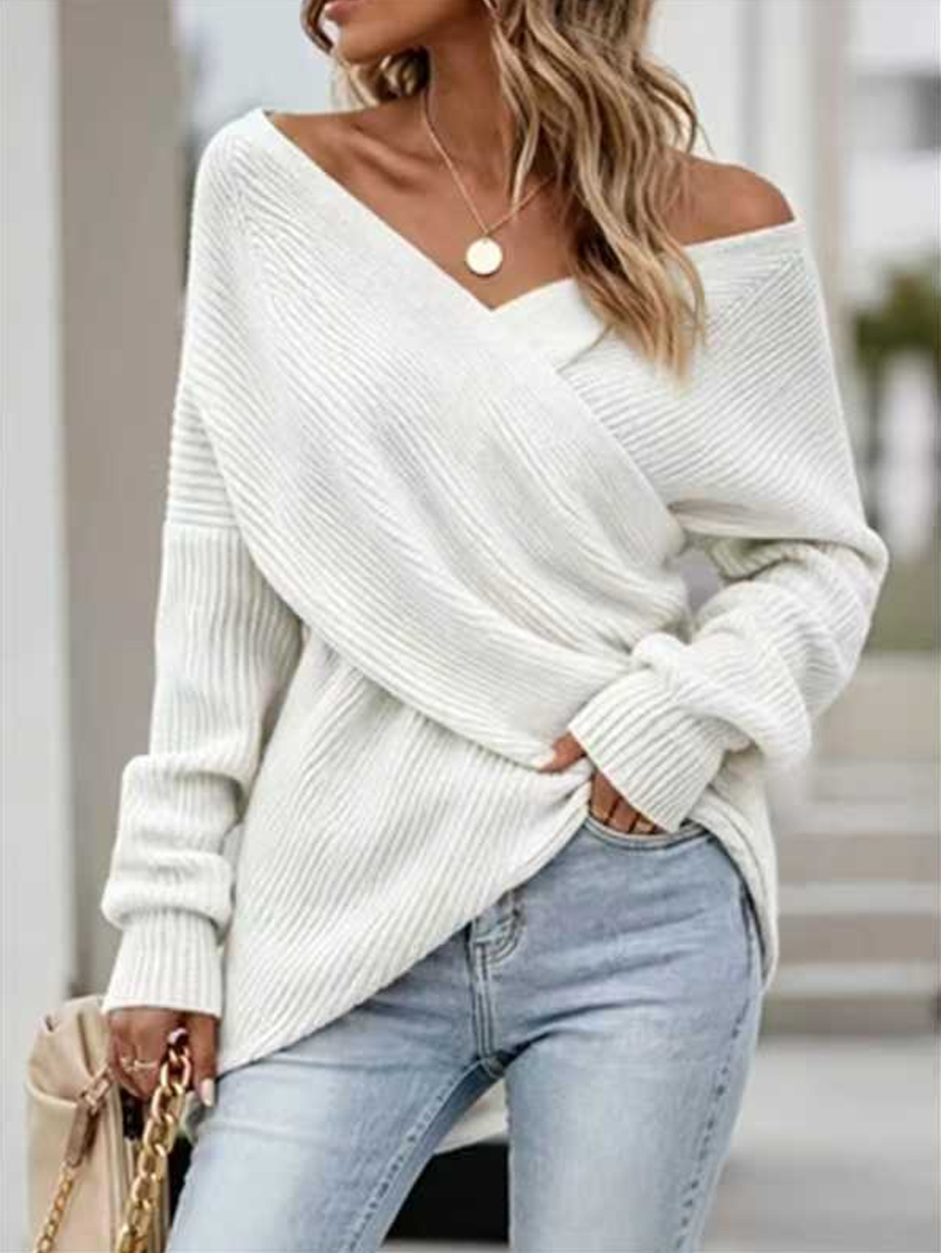 Women's Solid Cross V-Neck Knit Sweater Long Sleeve