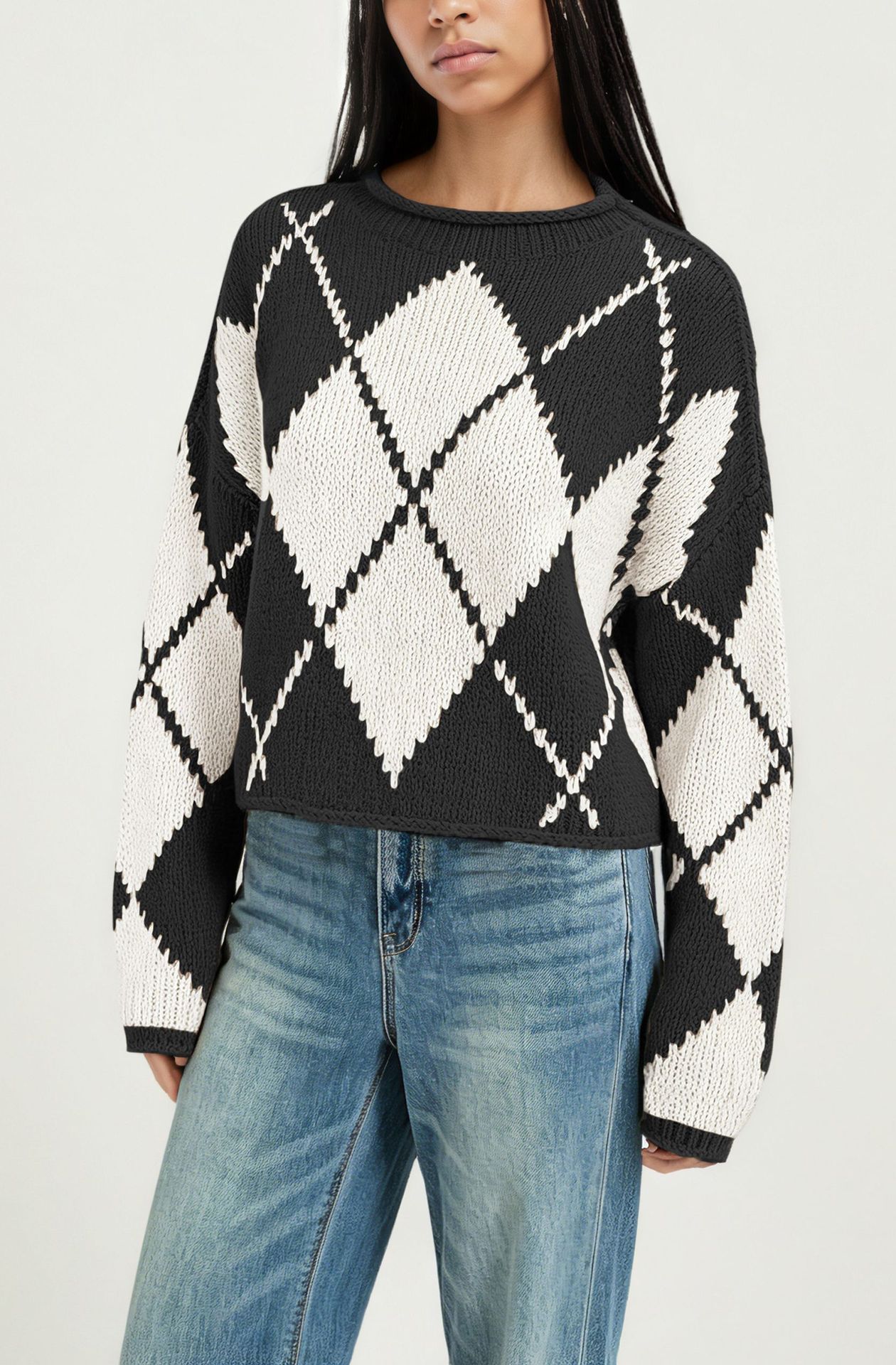 Women's Color-Block Diamond Knit Sweater, Loose Crewneck Pullover