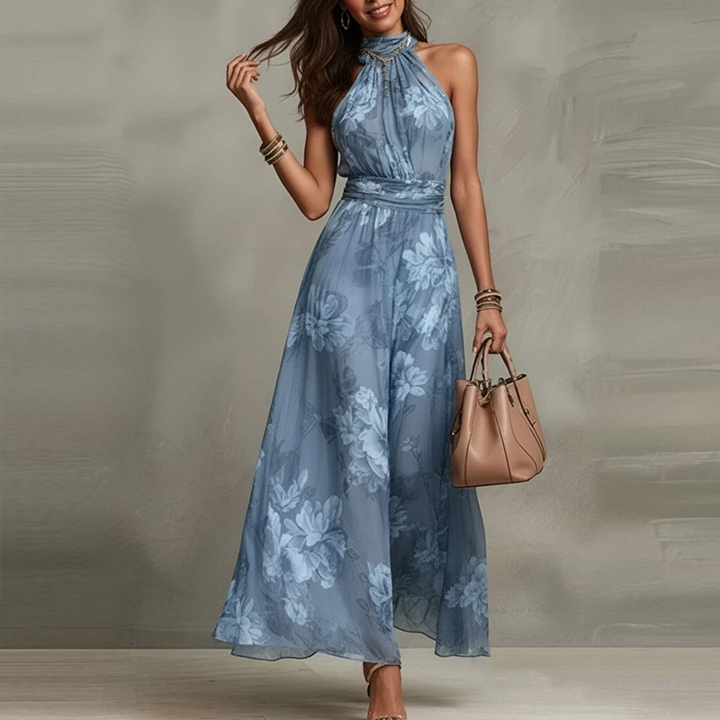 Elegant Floral Print Halter Sleeveless Bodycon Midi Dress