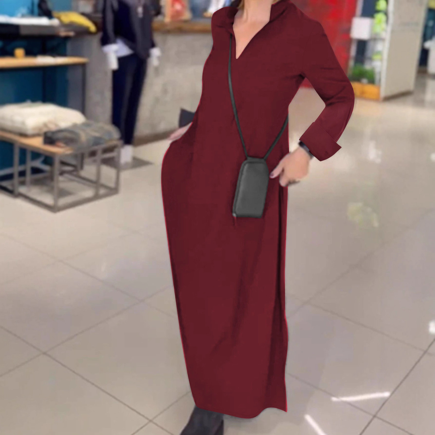 Elegant Solid Color Long Sleeve Polo Neck Maxi Dress