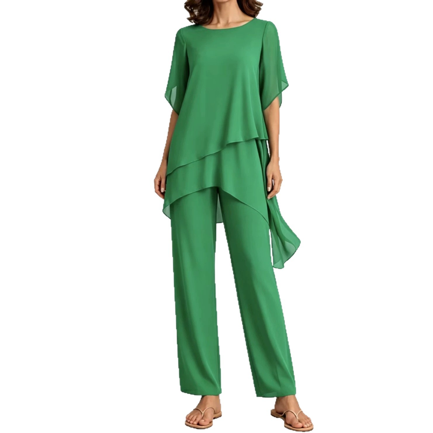 Women's Chiffon Short Sleeve Solid Color Loose Irregular Two-Piece Pant Set