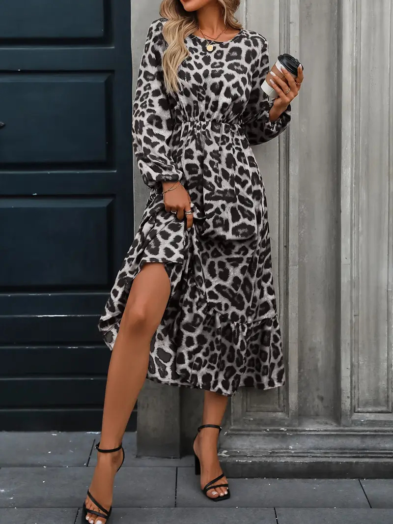 Elegant Leopard Print Lantern Sleeve Ruffle A-Line Midi Dress
