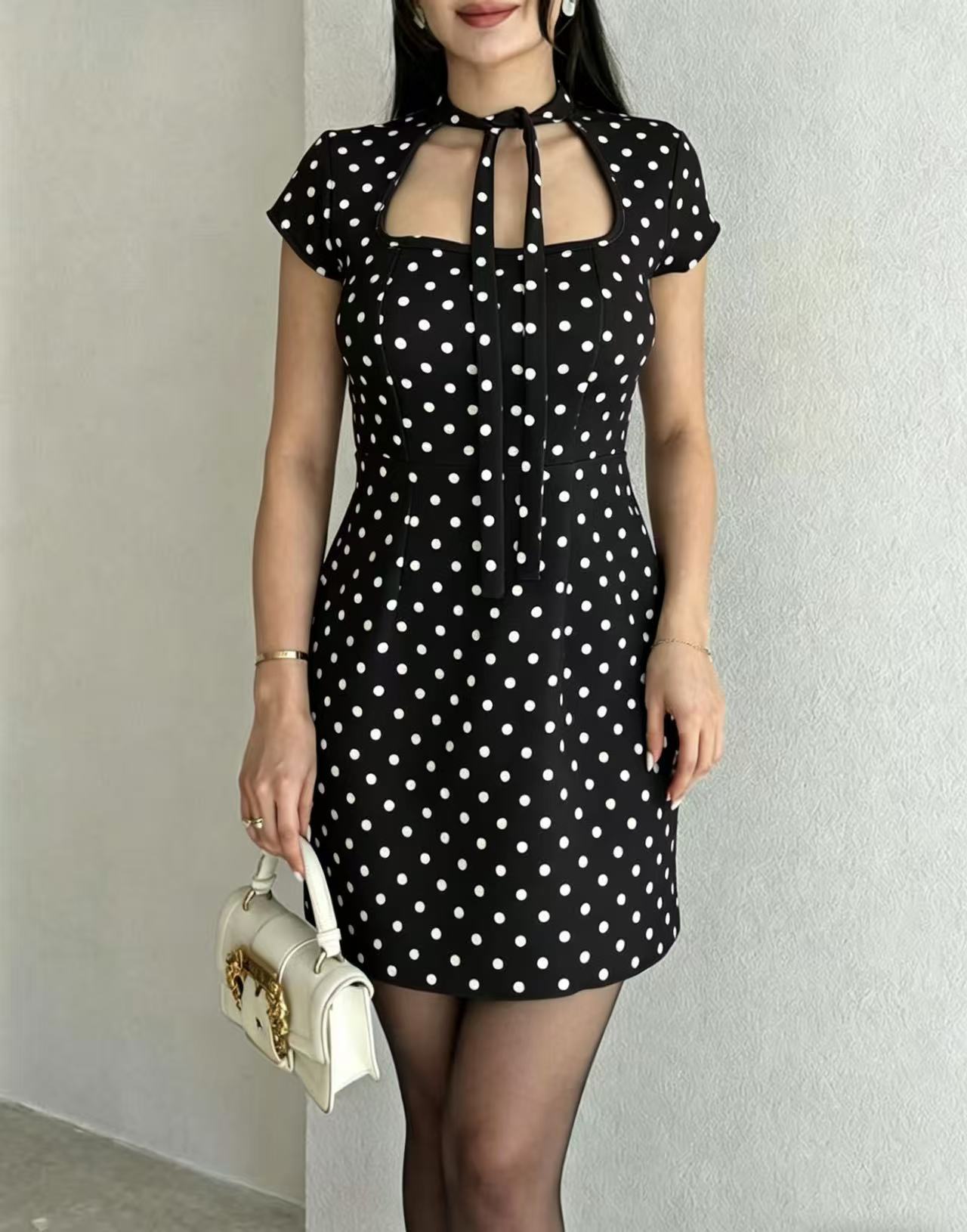 Elegant French Polka Dot Tie-Neck Slim-Fit Short Dress