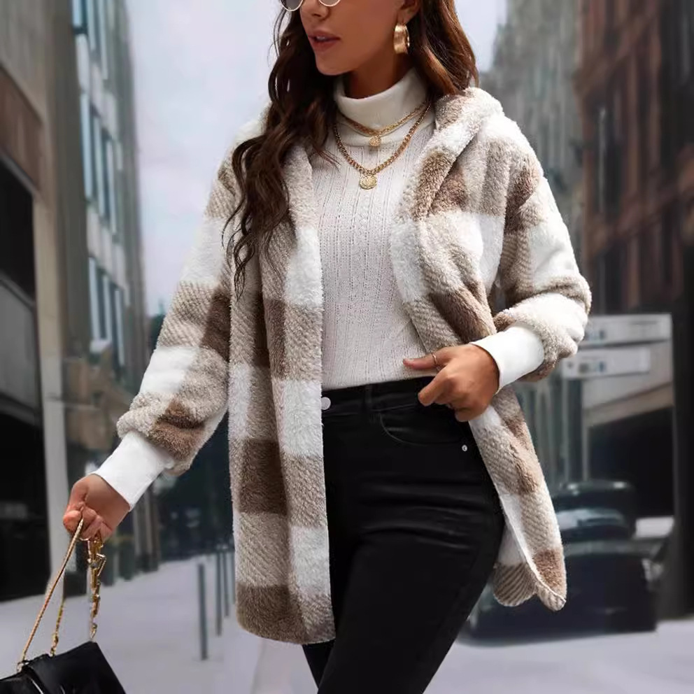 Women's Loose Plaid Fuzzy Cardigan Sweater