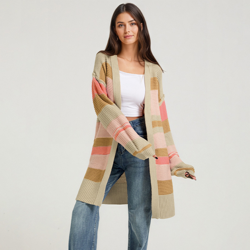 Color-Block Slit Long-Sleeve Cardigan Knit Sweater