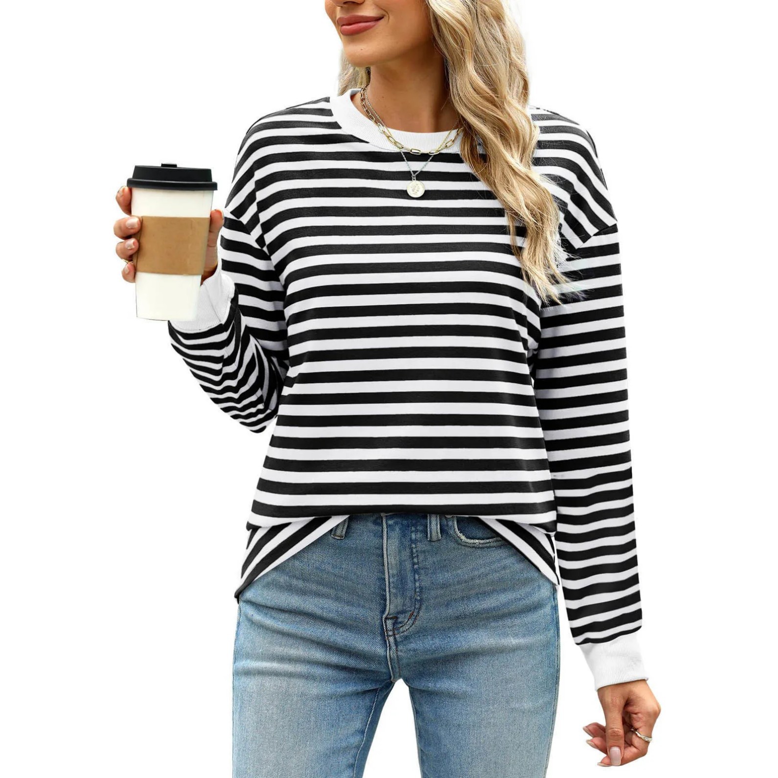 Women's Striped Print Crewneck Sweatshirt Casual Pullover