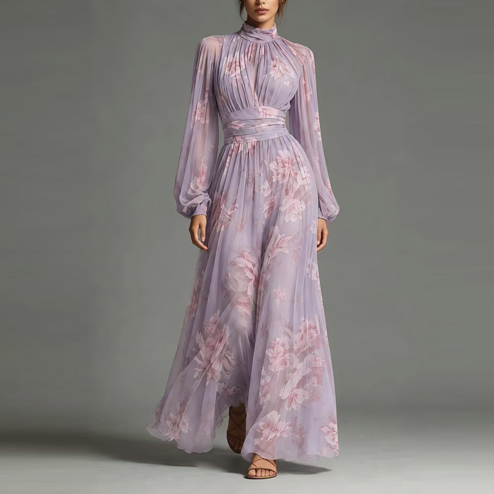 Women's Digital Print Ruched Waist Slimming Pleated Dress