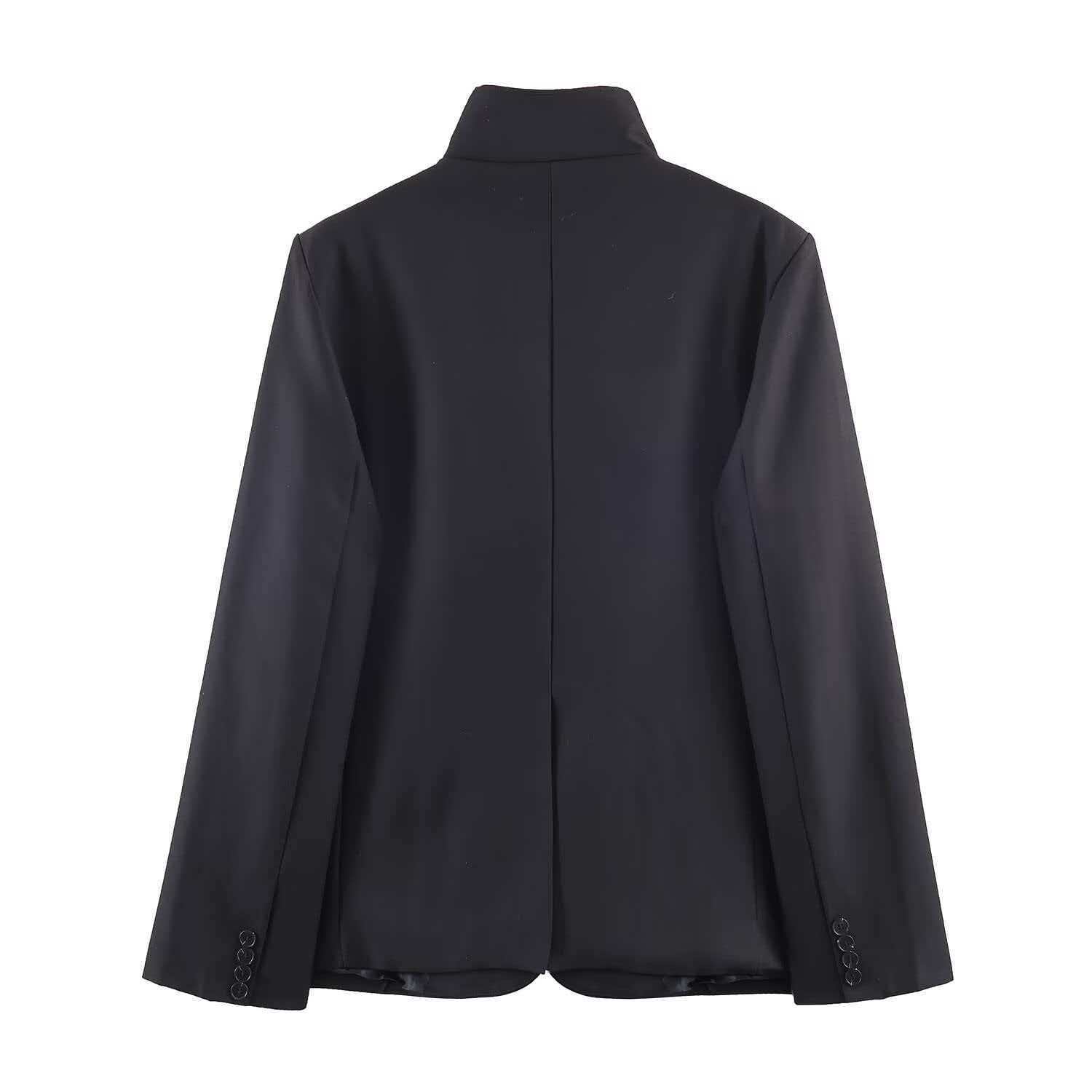 Women's Black Stand-Collar Blazer and Wide-Leg Pants Set