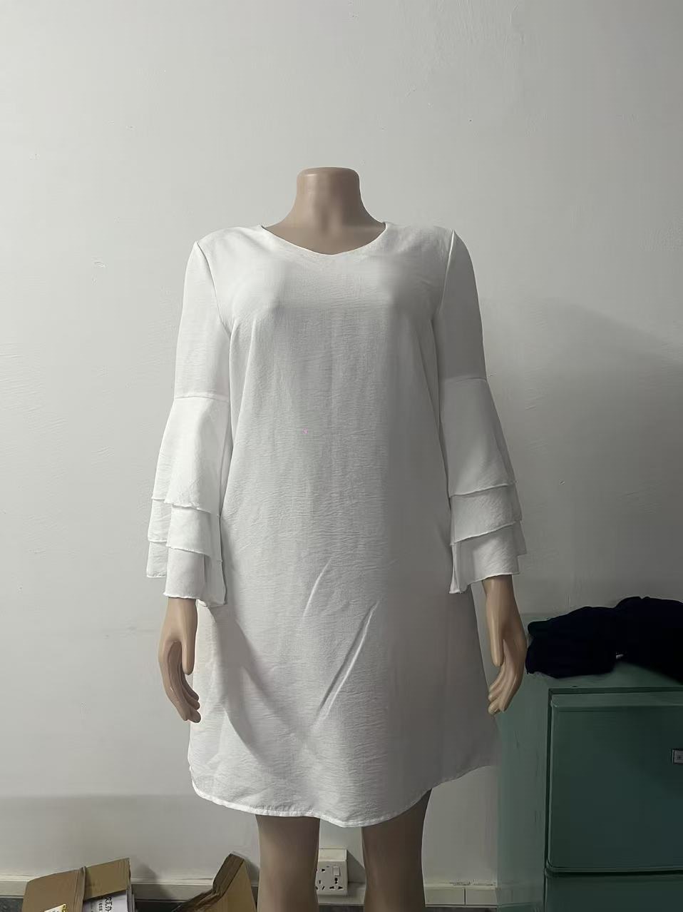 V-Neck Cotton-Linen Dress with Ruffle Sleeves