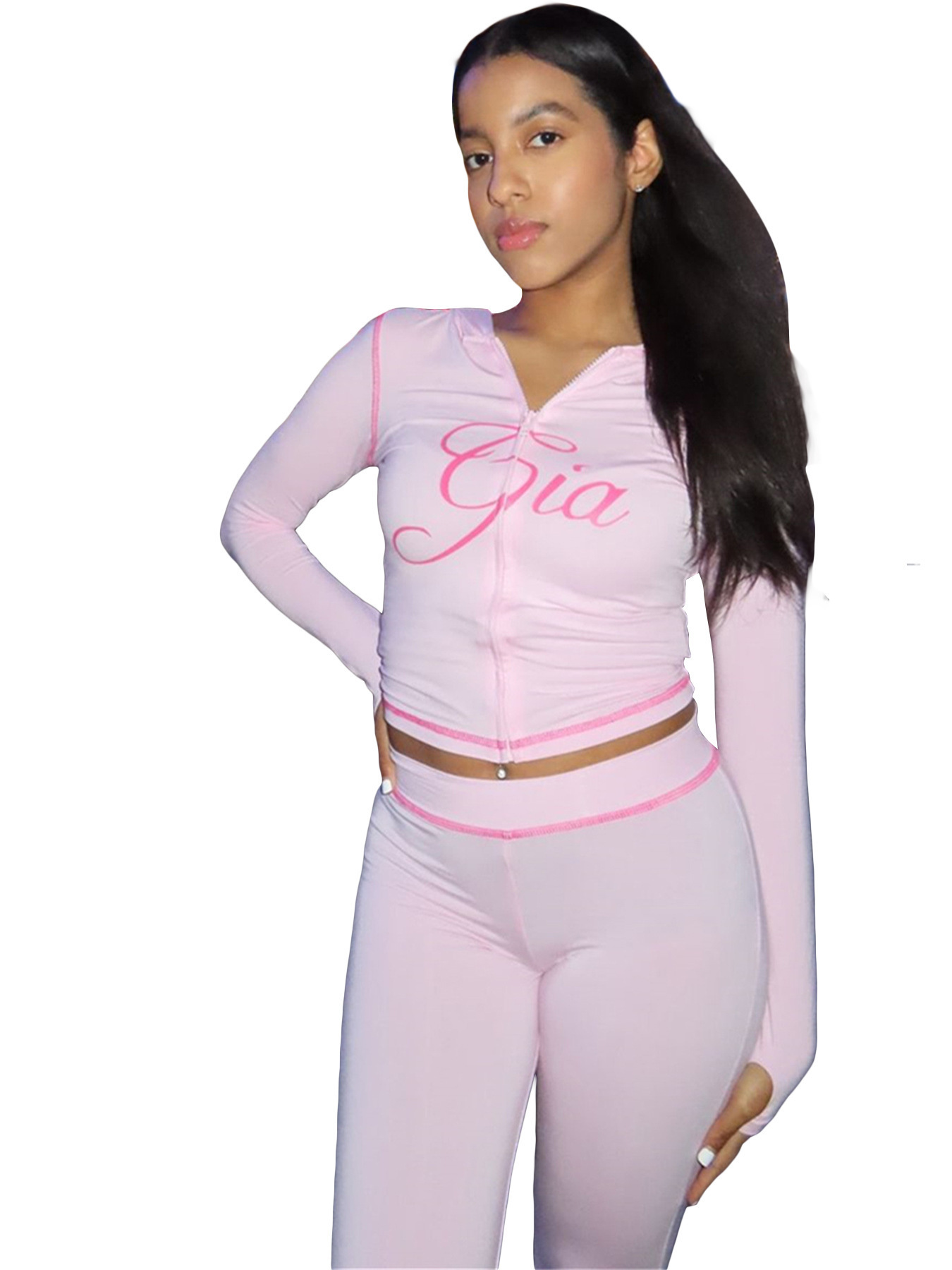 Women's Printed Hooded Long-Sleeve Thumbhole Two-Piece Set with Flared Pants