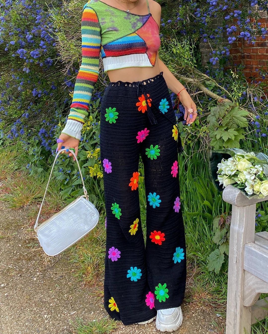 Women's Casual Crochet Knit Pants with Floral Embroidery