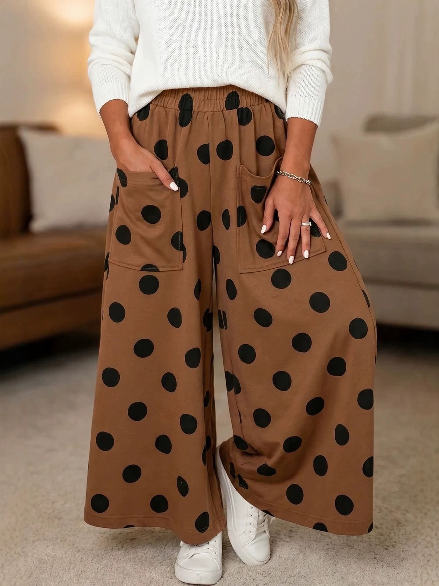 High-Waist Polka Dot Wide-Leg Pants with Pockets