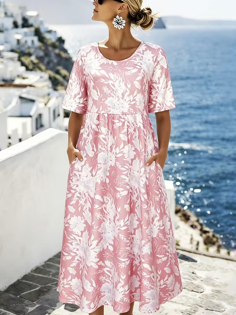Women's Floral Print Ruched Midi Dress Crew Neck Half Sleeve