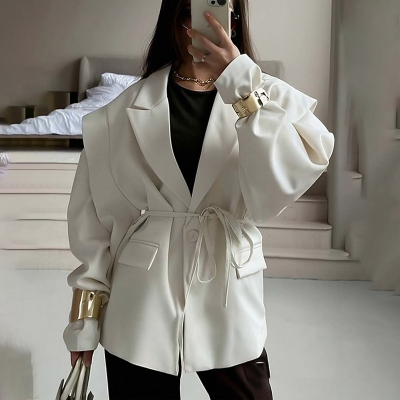 Women's V-Neck Belted Waist-Slimming Loose Fit Jacket