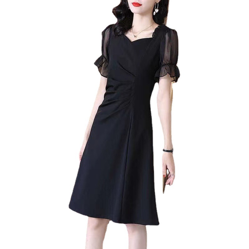 Hepburn Style Black Dress Square Neck A-Line Midi