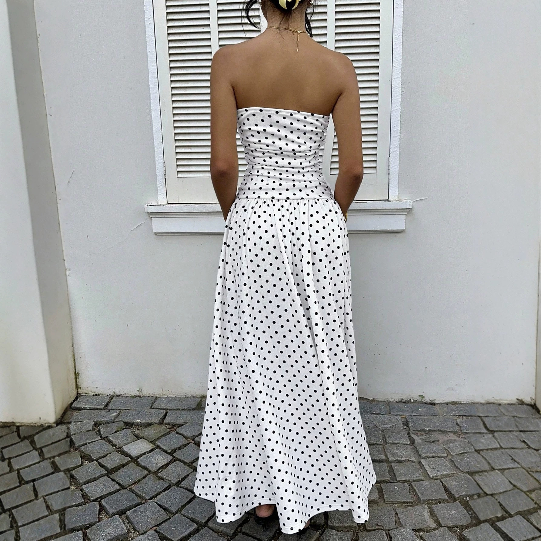 Sexy Off-Shoulder Polka Dot A-Line Dress with Waist-Cinching Slimming Evening Gown