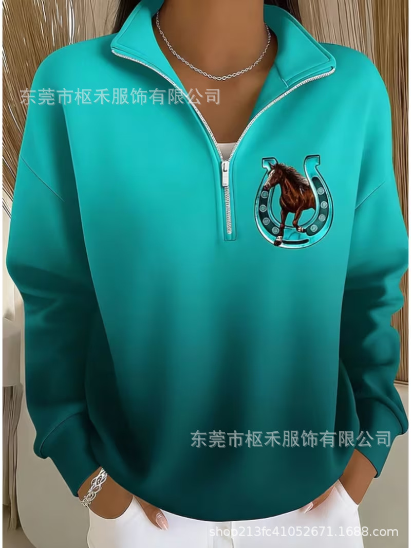 Women's Half-Zip Horse Track Print Hoodie