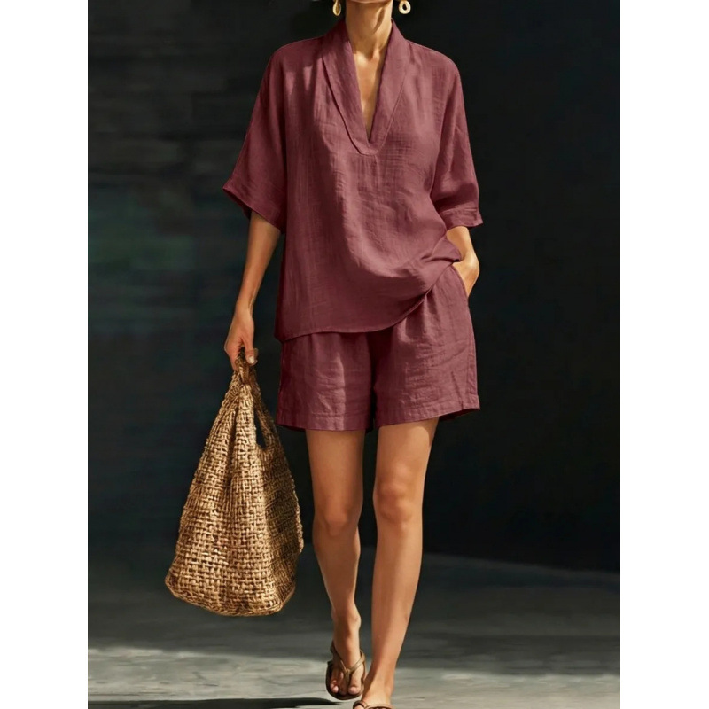 Women's V-Neck Short Sleeve Wide Leg Pants Set Casual Loose Fit