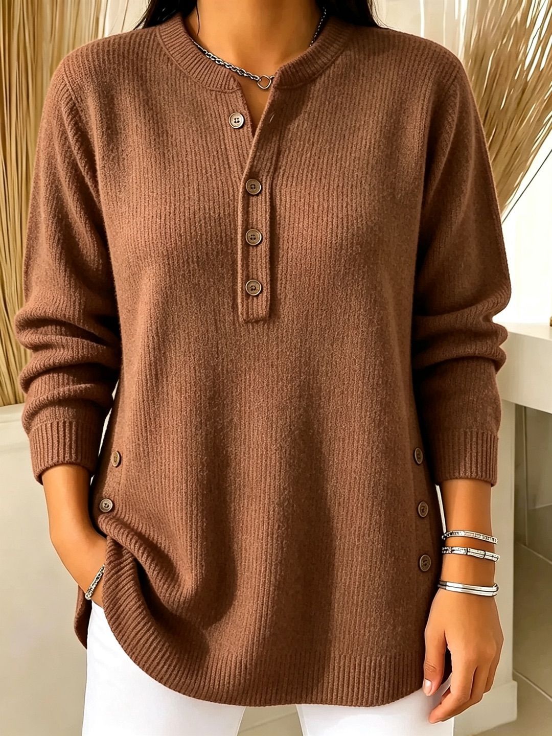 Women's V-Neck Button Knit Sweater Solid Color Loose Fit Top