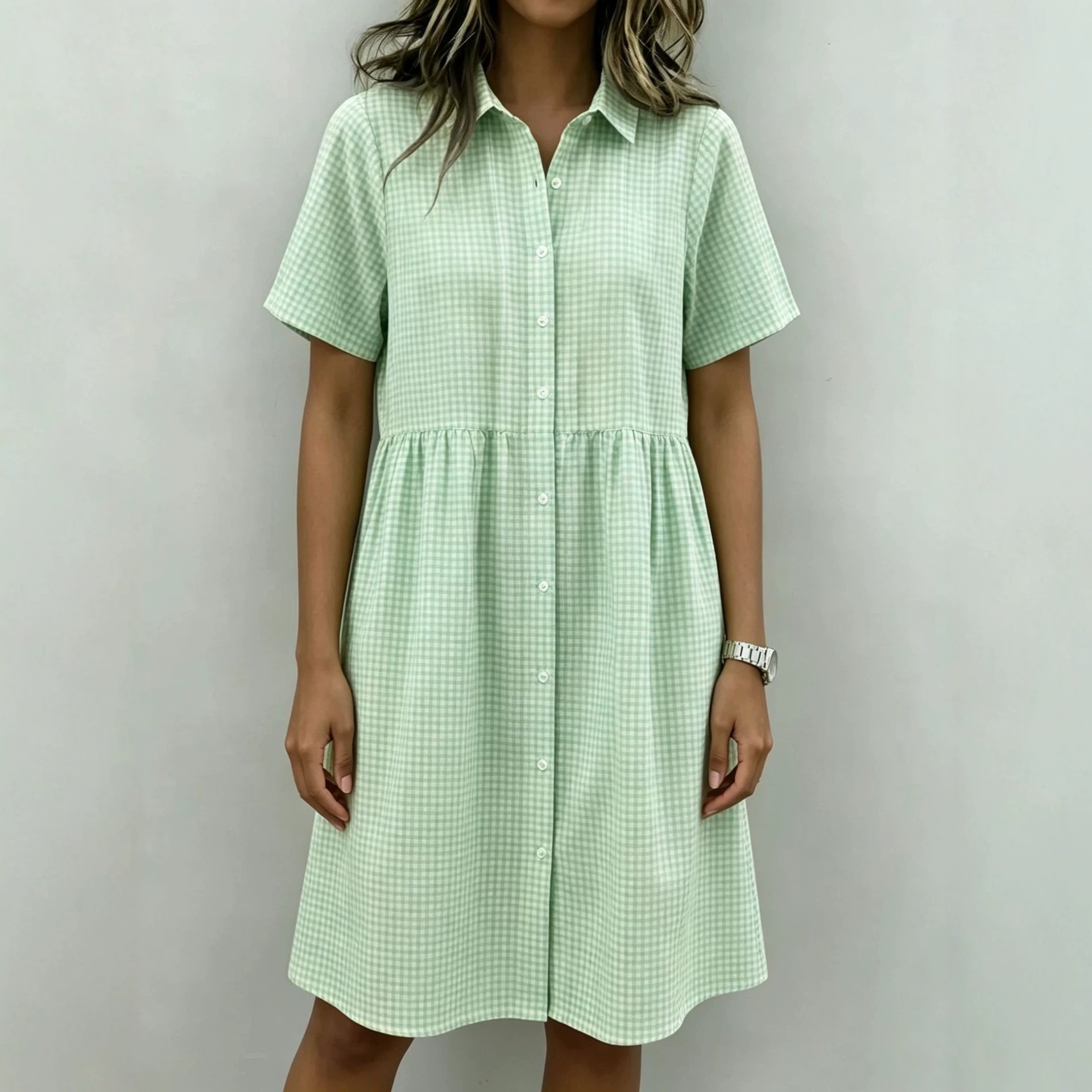 Retro Plaid Polo Collar Puff Sleeve Dress