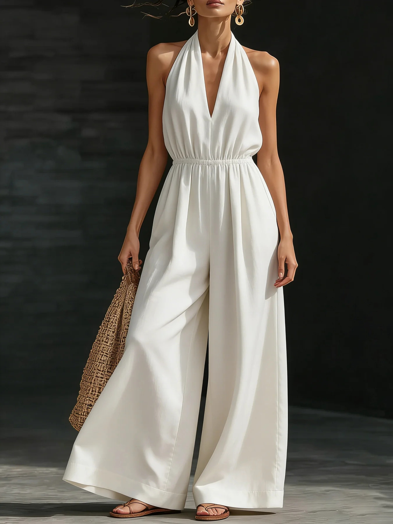 Women's V-Neck Halter Wide-Leg Jumpsuit Solid Color Sleeveless