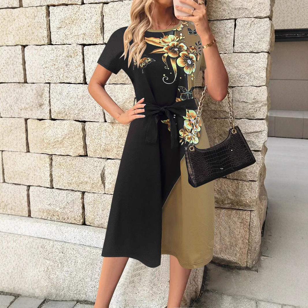 Women's Belted Short Sleeve Round Neck Floral Print Midi Dress