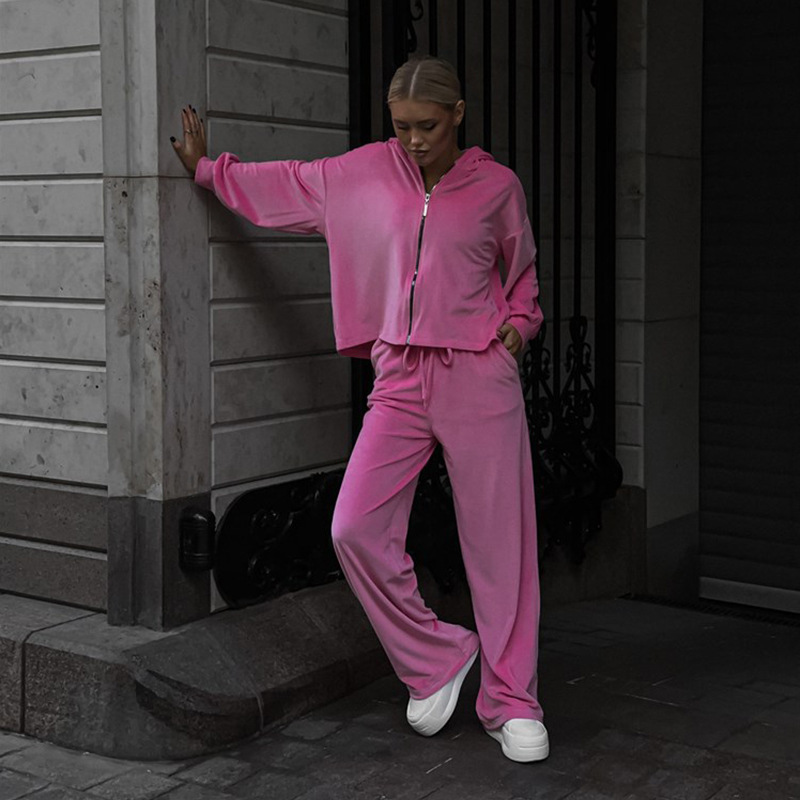 Women's Casual Two-Piece Set Solid Long-Sleeve Zip Hooded Cardigan Top and Jogger Pants