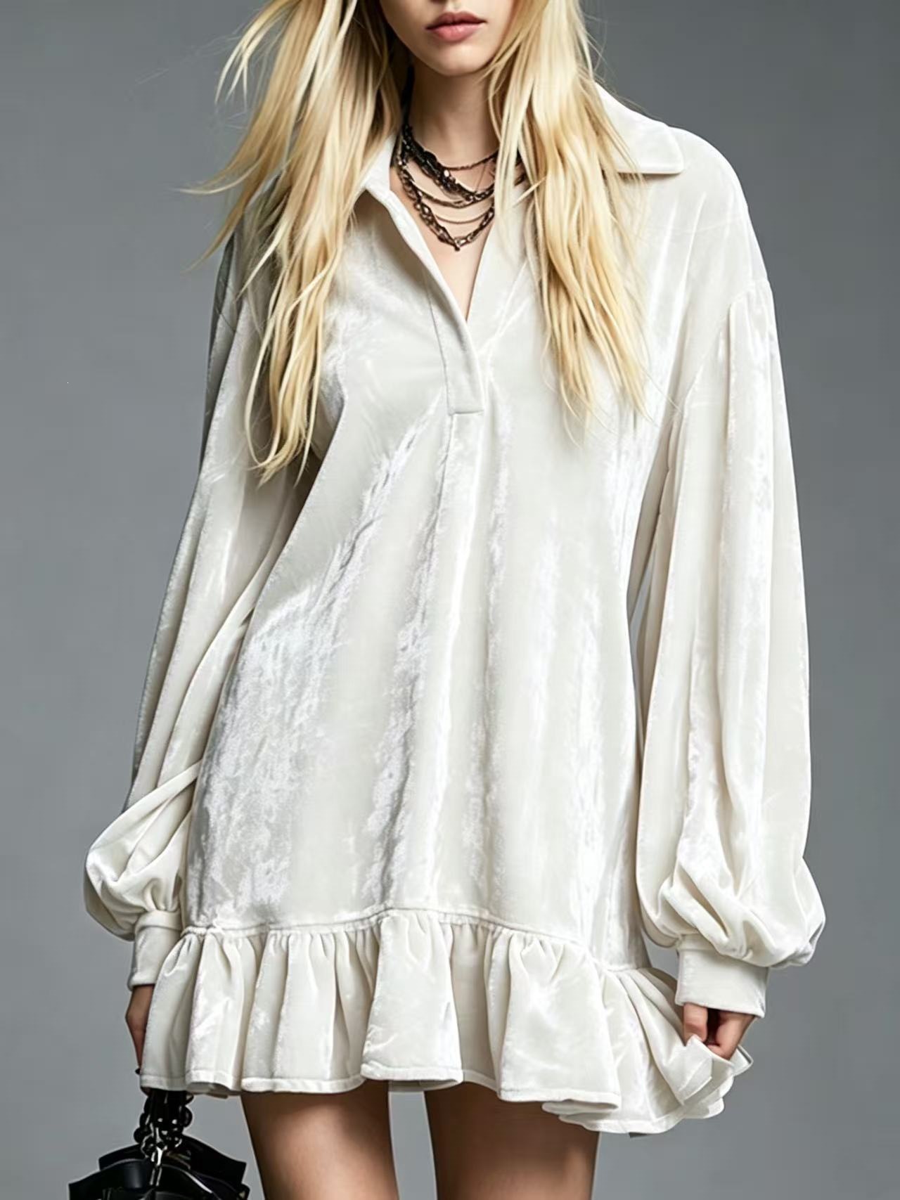 Solid Color French Style Lantern Sleeve Ruffle Collared Shirt Dress