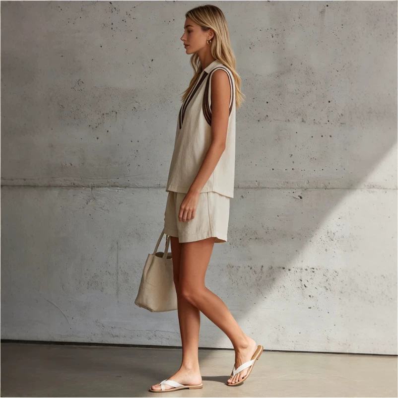 Women's Sleeveless Cotton-Linen Shirt and Shorts Set Colorblock Casual