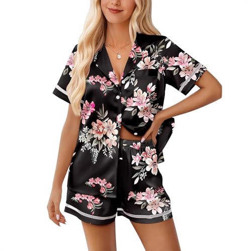 Women's Cuban Collar Short Sleeve Shirt Set Floral Solid Casual