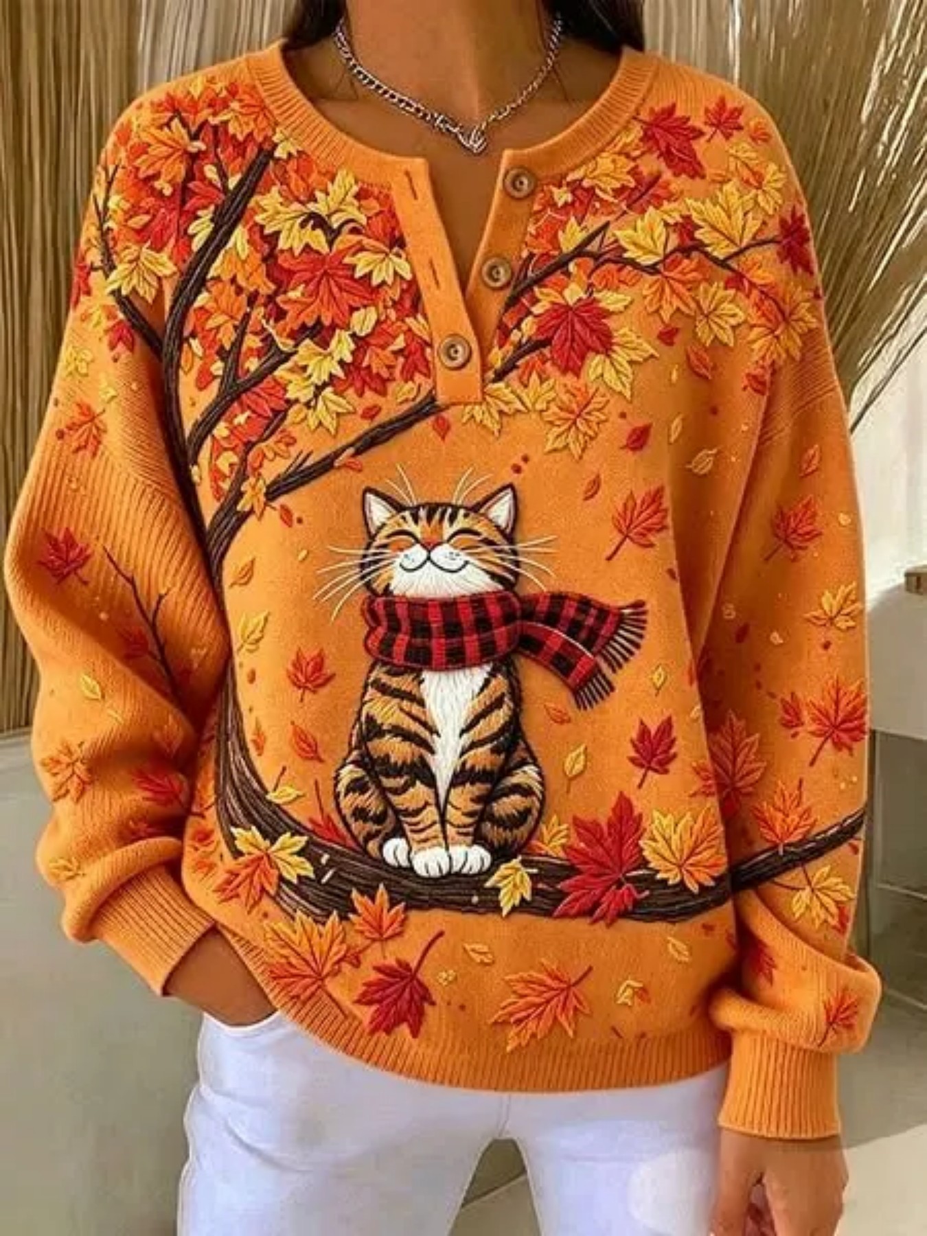 Women's Cute Cat & Maple Leaf Print Button Sweatshirt