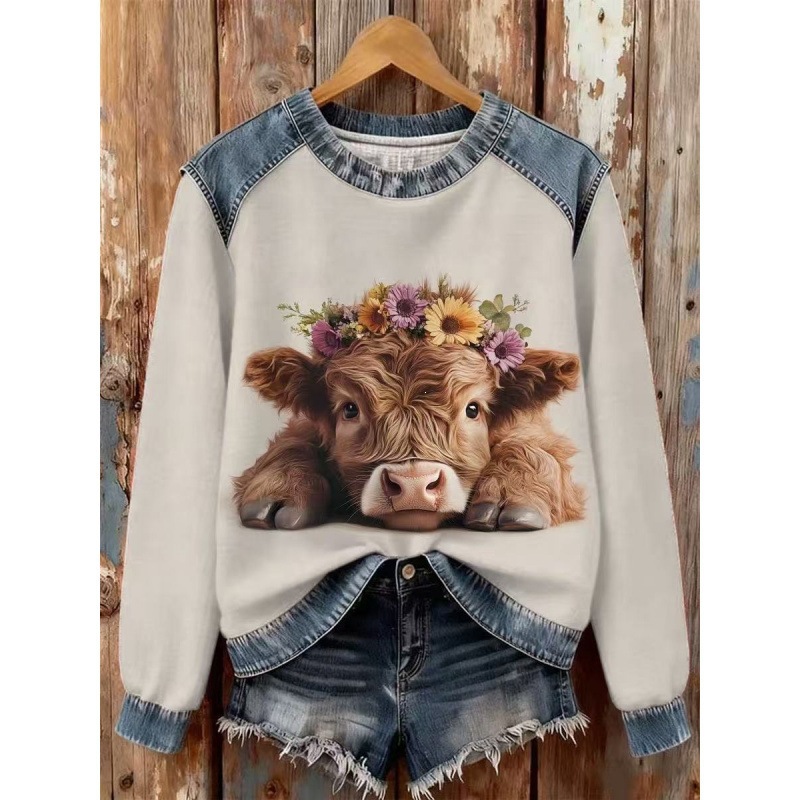 3D Print Colorblock Denim Collar Pullover Sweatshirt Women's Long Sleeve Loose Fit