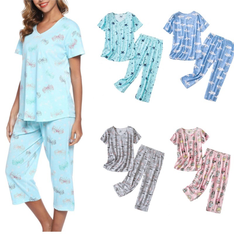 Women's Short Sleeve Capri Pants Pajama Set Knit Cotton Loungewear Plus Size