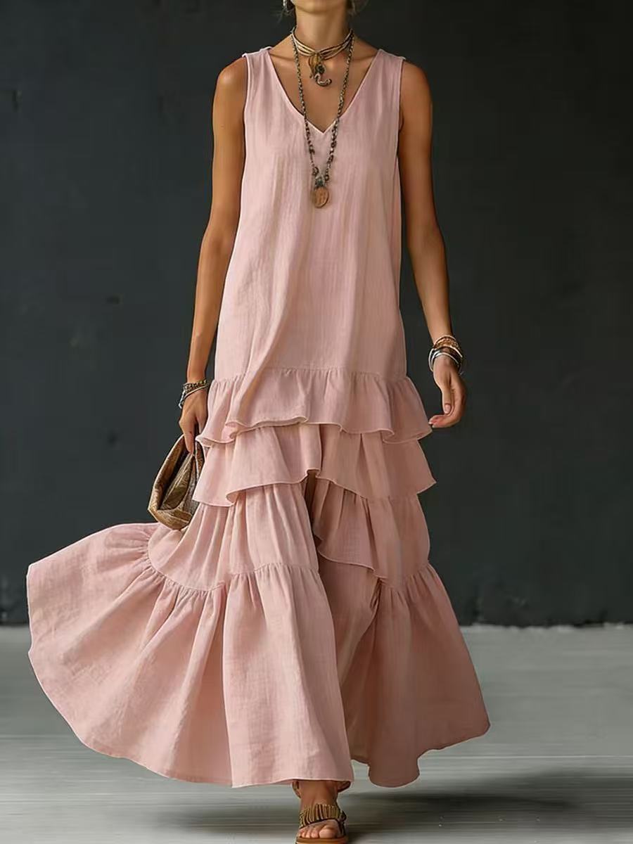 Solid Color Loose Fit Sleeveless Maxi Dress with Full Skirt