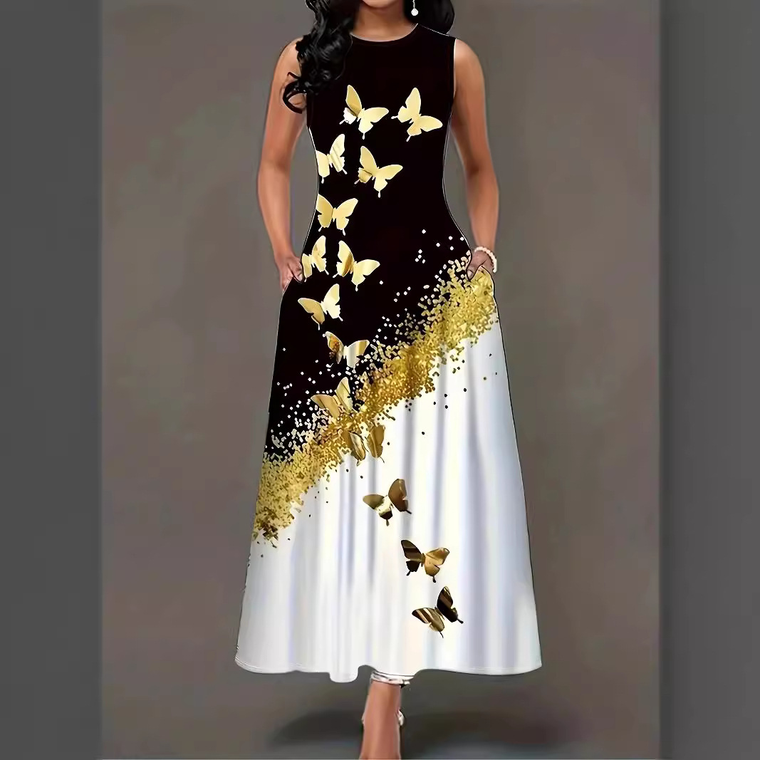 Butterfly Print Sleeveless A-Line Maxi Dress with Pockets
