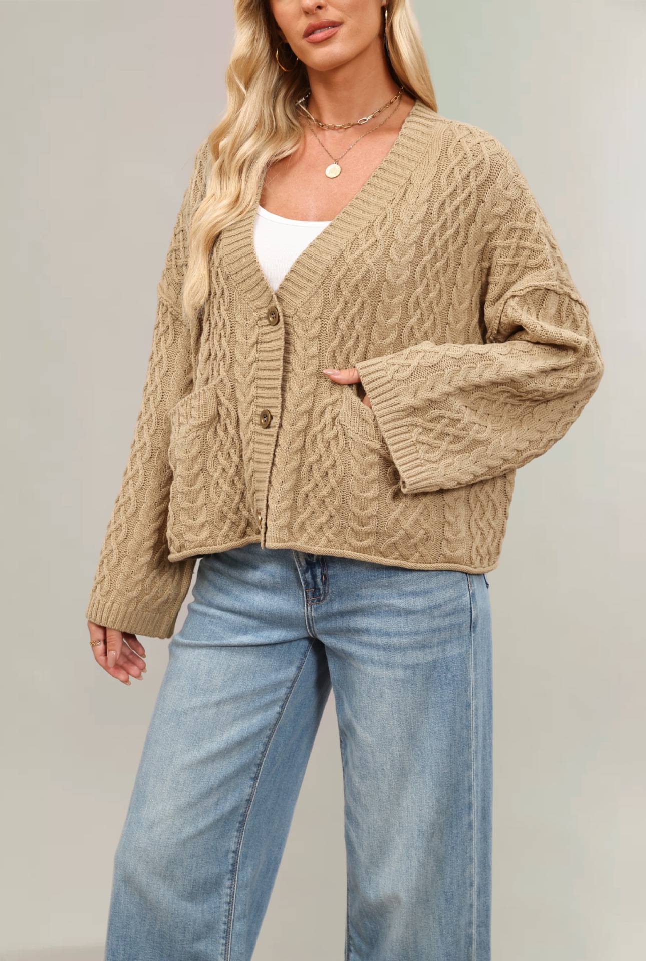 Cable-Knit Loose Solid Cardigan