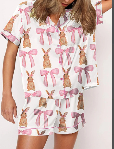 Women's Cuban Collar Rabbit Print Two-Piece Set with Ribbon