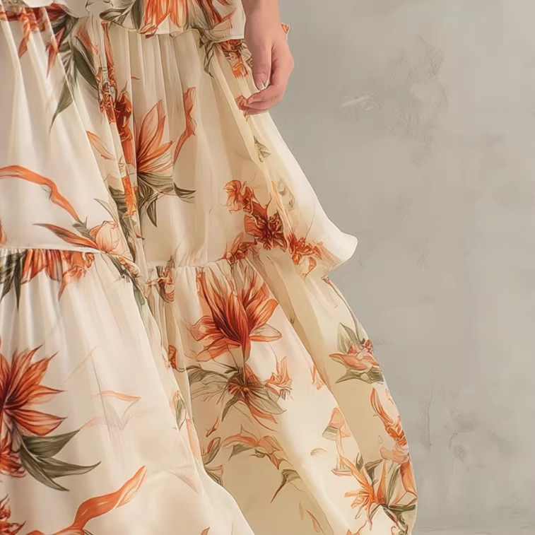 Retro Floral Print Ruffle V-Neck Chiffon Long Dress in Off-White