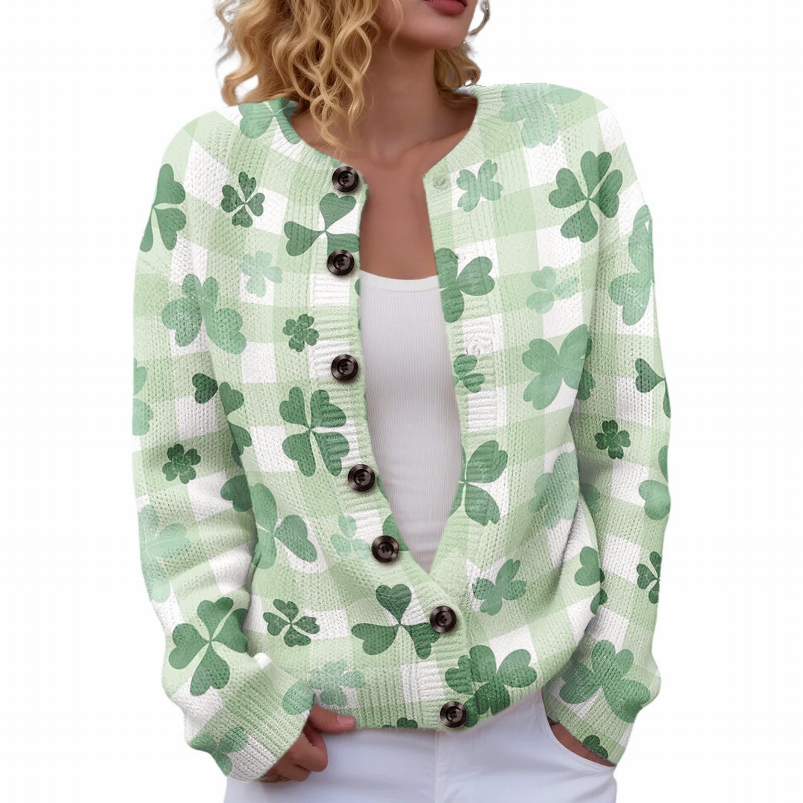 Women's Four-Leaf Clover Print Button Cardigan Sweater