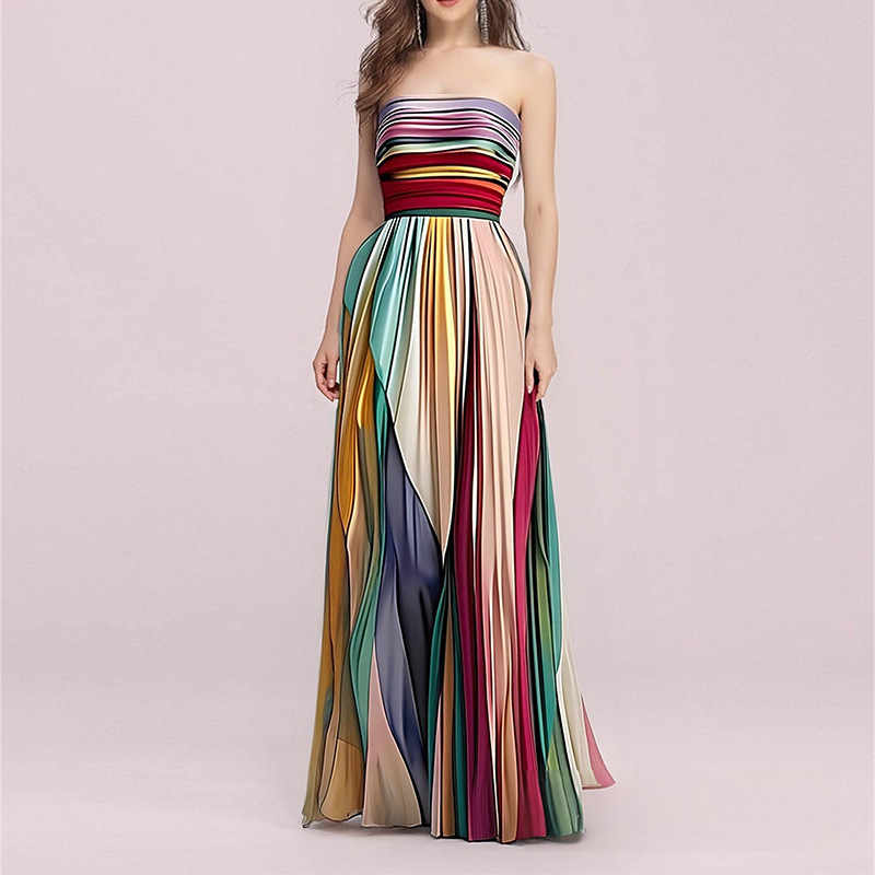 Elegant Colorblock Strapless Backless Long Dress