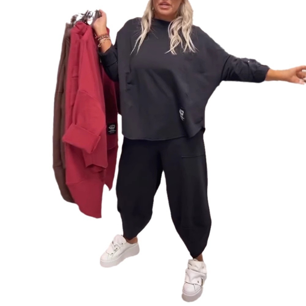 Women's Solid Color Embroidered Pullover Sweatshirt Set Casual Long Sleeve