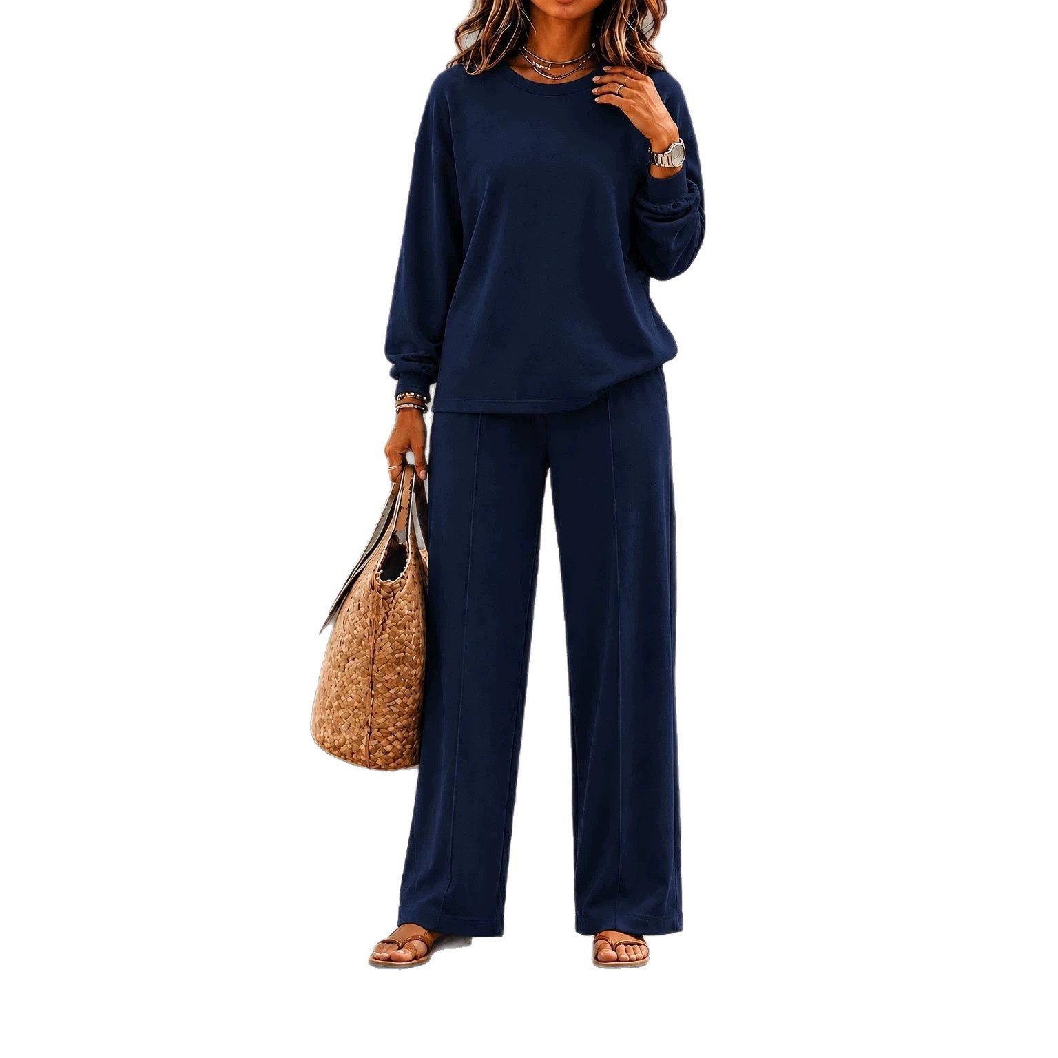 Women's Knit Crewneck Long-Sleeve Top & Wide-Leg Pants Set