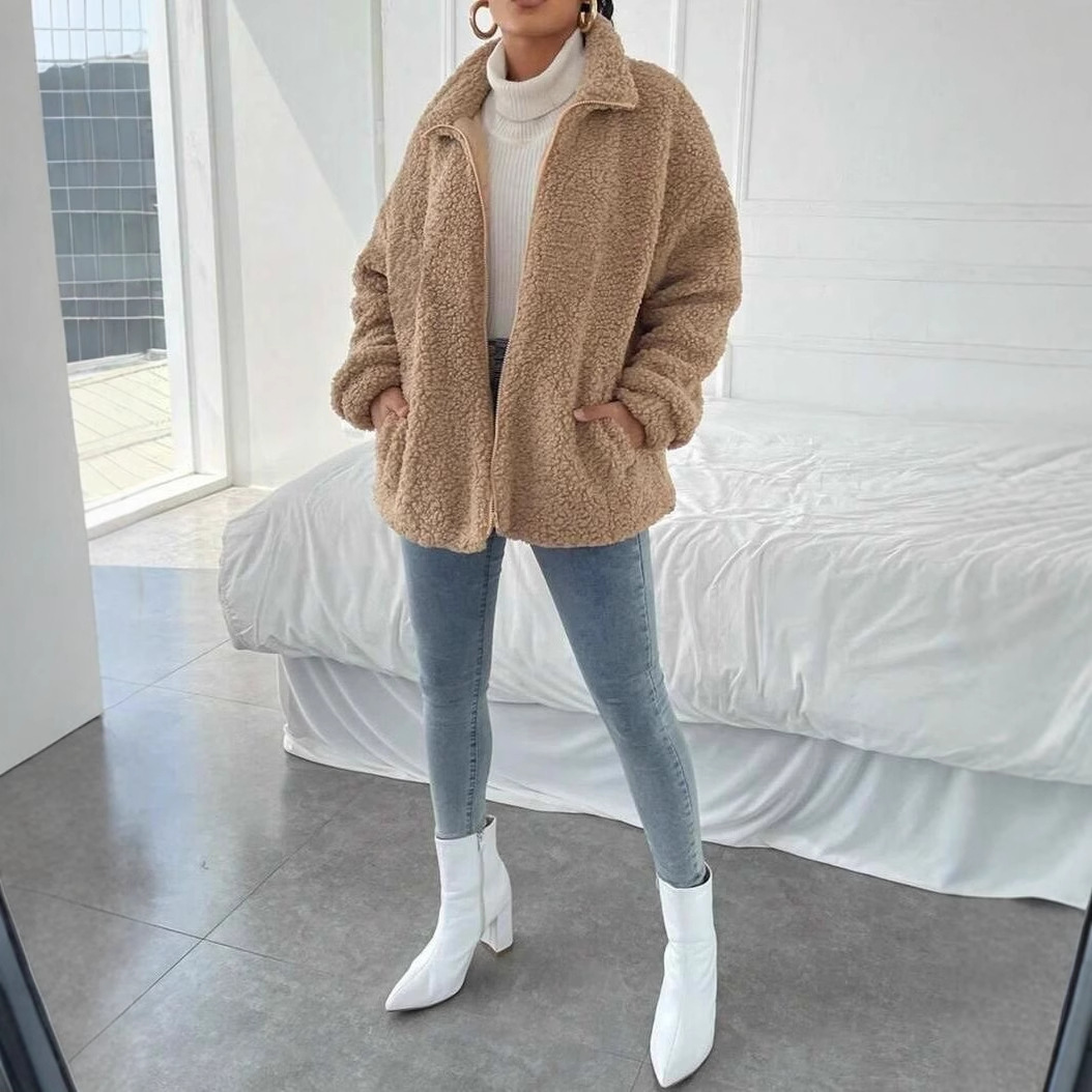 Faux Shearling Open-Front Cardigan Jacket for Women Casual Loose Fit