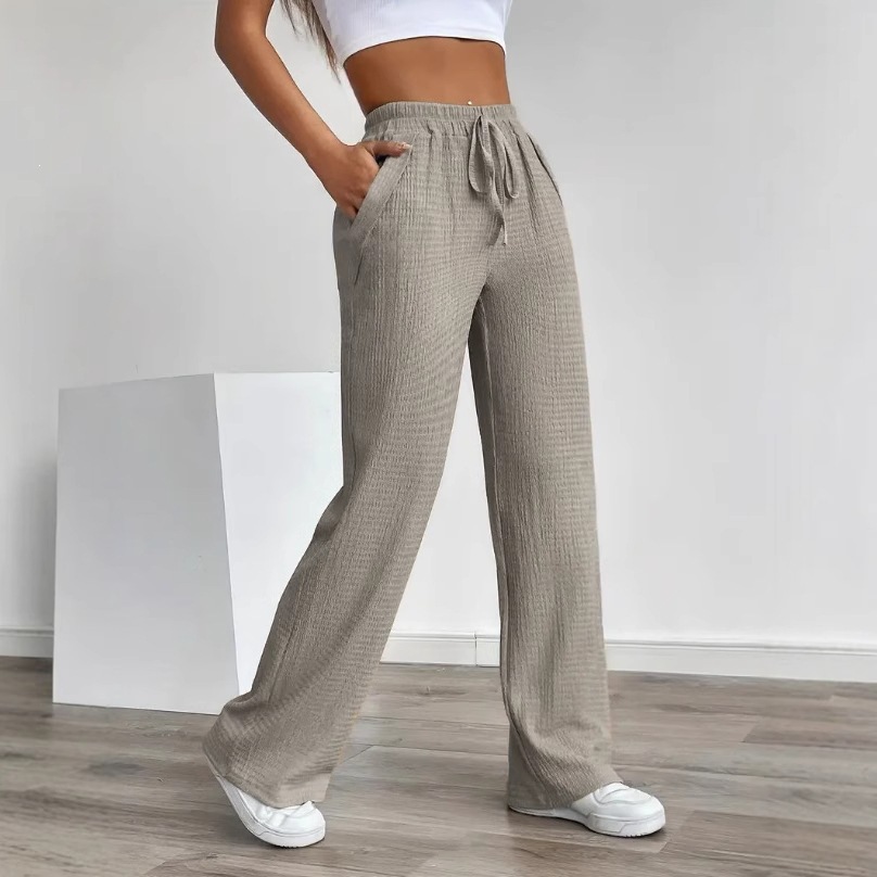 Women's Solid Pattern Loose Elastic Mid-Rise Drawstring Pocket Casual Straight Pants