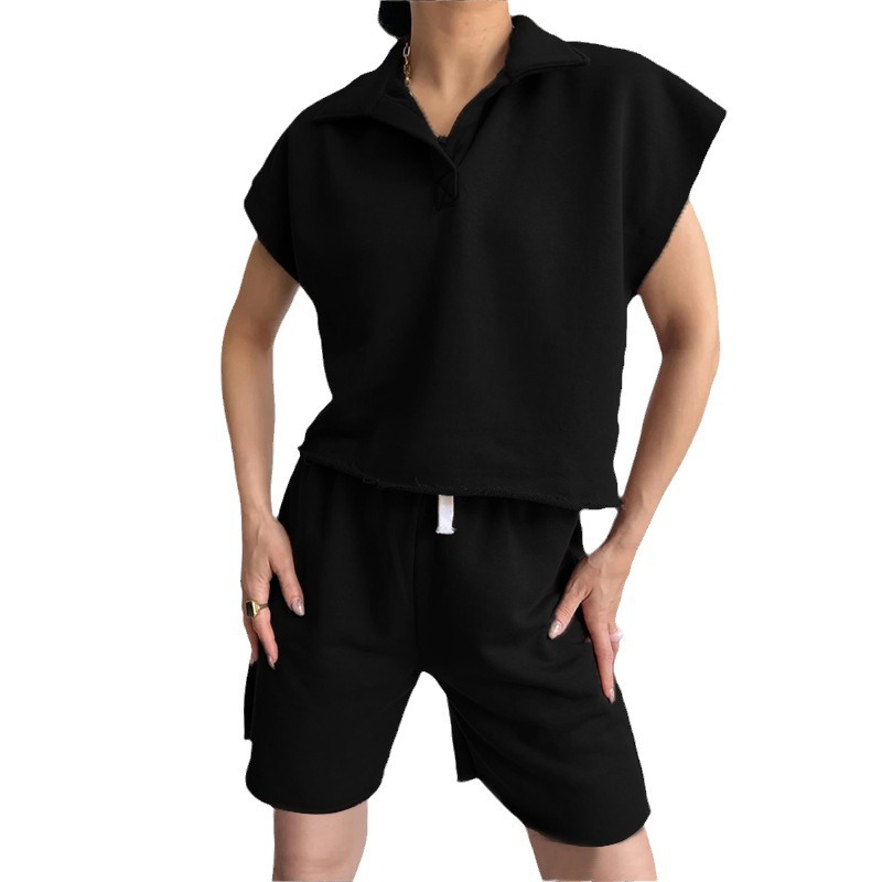 Women's Collared Long-Sleeve Loose Top and Tie Shorts Two-Piece Set
