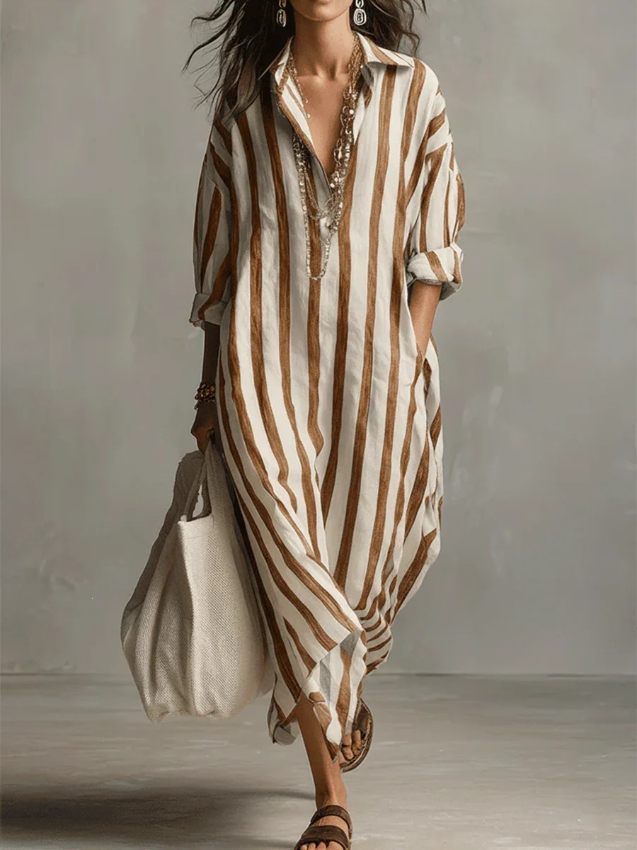 Women's Loose Long Striped Shirt Dress with Nine-Tenth Sleeves
