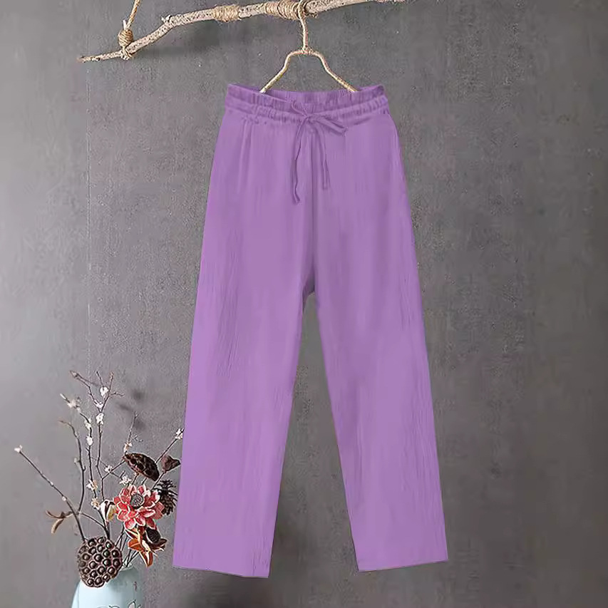 Women's Cotton Linen Wide Leg Pants Elastic Waist Solid Color Loose Fit